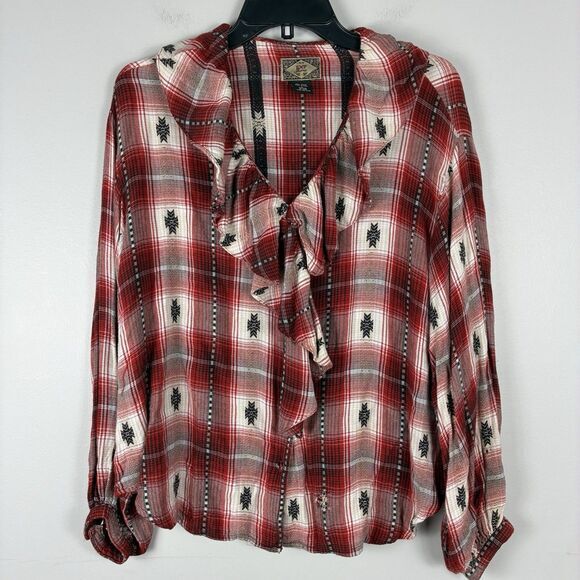 exp Tops - Vintage Cabin Western Southwestern Red Rodeo Womens Top Sz L Ruffle Long Sleeve